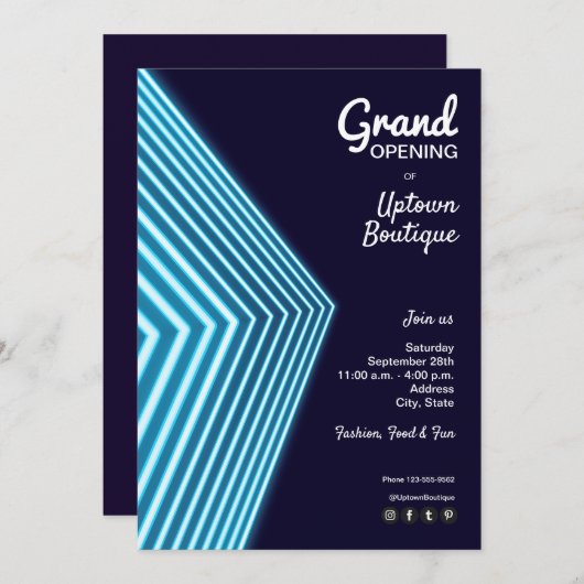 Grote opening Blauwe Neon Uitnodigingen (Voorkant / Achterkant)