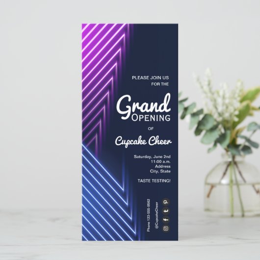 Grote opening Roze Paarse Neon Uitnodigingen (Staand voorkant)