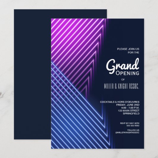 Grote opening Roze Paarse Neon Uitnodigingen (Voorkant / Achterkant)