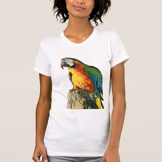 Grote Oranje en Blauwgroen papegaai op een pomp T-shirt (Voorkant)