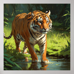 Grote Oranje Tijger in Oerwoud Wildlife Painting Poster