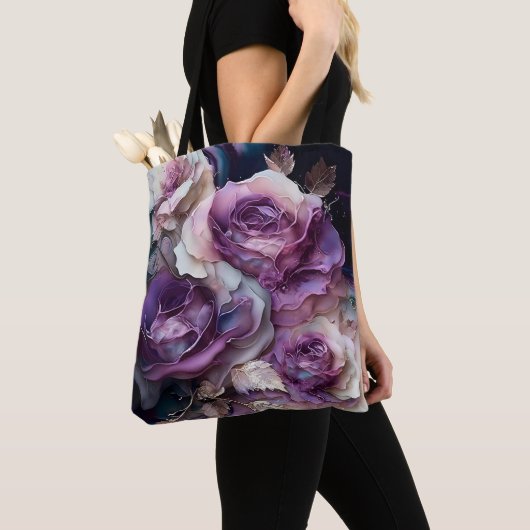 Grote Paarse en Gouden Rozen Tote Bag (Dichtbij)