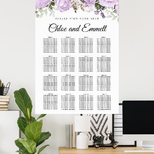 Grote Paarse Floral 16-tafel weduwenkaart Poster (Thuiskantoor)