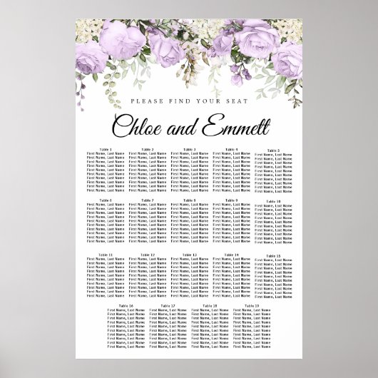 Grote Paarse Floral 19-tafel weduwenkaart Poster (Voorkant)