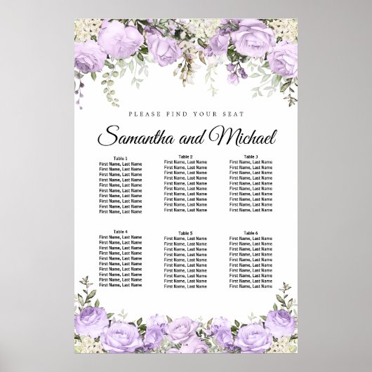 Grote Paarse Floral 6-tafel weduwenkaart Poster (Voorkant)