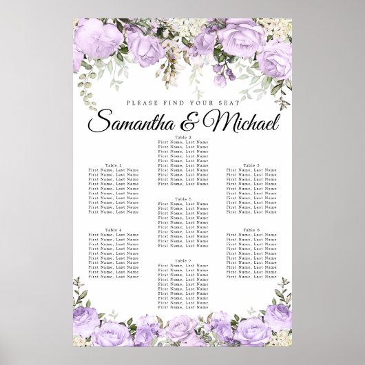 Grote Paarse Floral 7-tafel bruiloft Poster (Voorkant)