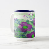 Grote Paarse Navy Blye en Lime Green Flowered Mok (Voorkant links)