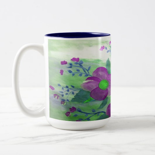 Grote Paarse Navy Blye en Lime Green Flowered Mok (Links)