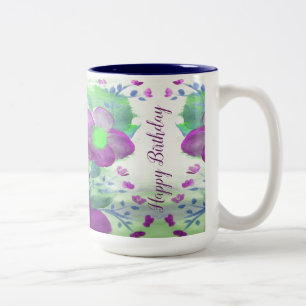 Grote Paarse Navy Blye en Lime Green Flowered Mok