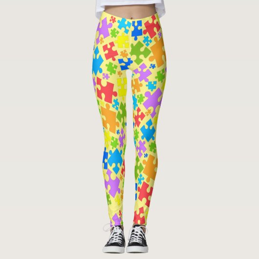 Grote paaskleurautisme puzzelstukjes op gele gloed leggings (Voorkant)