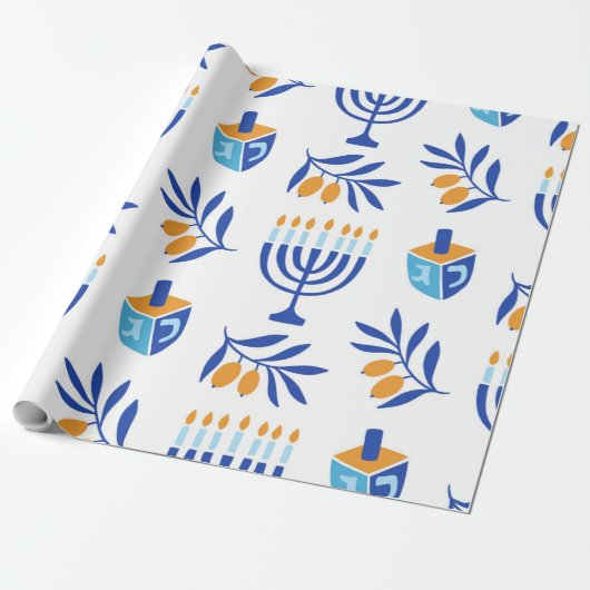 Grote Patroon Menorah en Dreidel Chanoeka Cadeaupapier (Uitgerold)