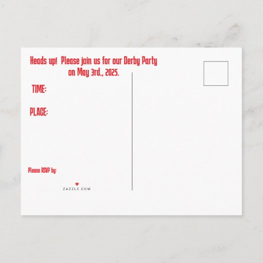 GROTE PET DERBY PARTY UITNODIGING BRIEFKAART (Achterkant)