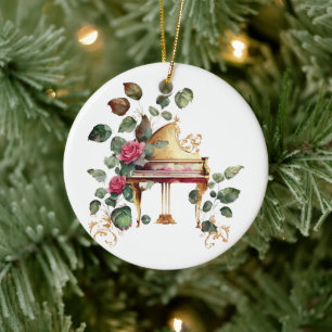 Grote Piano en Bloemen Kerstornament Keramisch Ornament