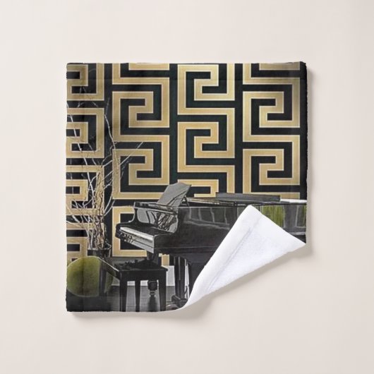 Grote Piano met Gouden Griekse Key Border Designer Bad Handdoek (Wasdoekje)