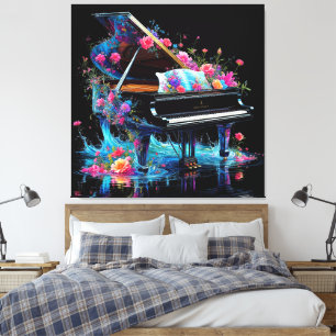 Grote piano versierd met artistieke bloemen canvas afdruk