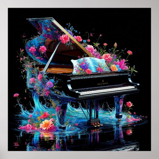 Grote piano versierd met artistieke bloemen poster (Voorkant)
