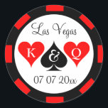 Grote poker chip marker munt stickers voor bruilof<br><div class="desc">Grote poker chip marker munt stickers voor Sin City bruiloft. Las Vegas bruiloft thema stickers en sealers voor enveloppen. Gepersonaliseerde game chip stickers met monogram naam initialen van bruid en bruidegom paar. Speelkaart past bij design met koning en koningin van harten en schoppen. Elegante scripttypografie sjabloon ontwerp met naam van...</div>