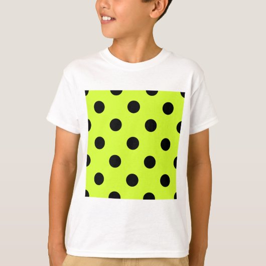 Grote pooldots - zwart op fluorescerend geel t-shirt (Voorkant)