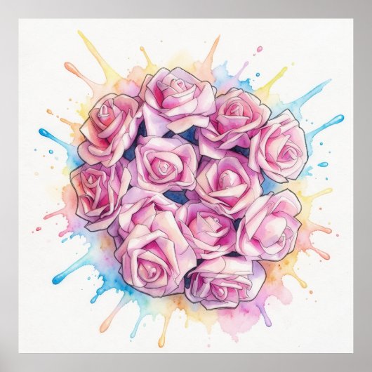 Grote Poster Kunst met Roze Rozen Spetterend (Voorkant)
