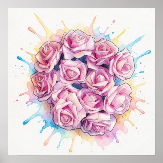 Grote Poster Kunst met Roze Rozen Spetterend (Voorkant)