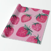 Grote Print Aardbeienwikkel Aardbeien in roze Cadeaupapier (Uitgerold)