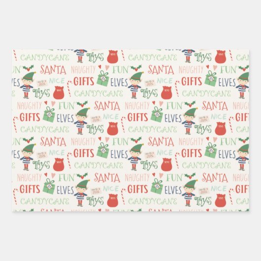 Grote Print Kerstman Elfen Patroon Kerstmis Inpakpapier Vel (Voorkant 2)