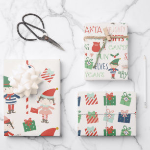 Grote Print Kerstman Elfen Patroon Kerstmis Inpakpapier Vel