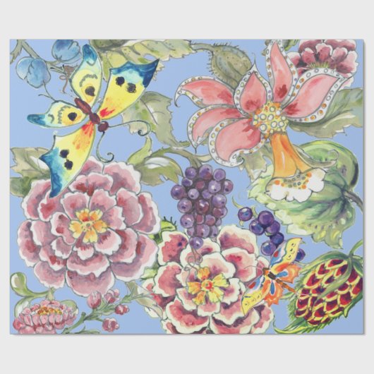 Grote Print Tropische Bloemenblauwe Waterverf  Cadeaupapier (Vlak)