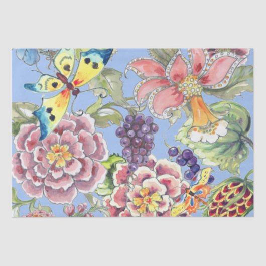 Grote Print Tropische Bloemenblauwe Waterverf  Tissuepapier (Voorkant)