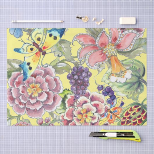 Grote Print Tropische Bloemengele Waterverf Kunst Tissuepapier (Craft)