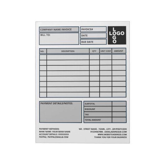 Grote pro-Logo bedrijfsfactuur/offerte Notitieblok (Linkerzijde)