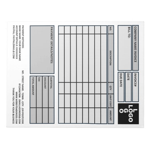 Grote pro-Logo bedrijfsfactuur/offerte Notitieblok (Voorkant)