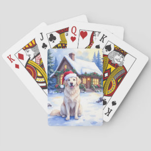 Grote Pyreneeën Besneeuwd Berg Lodge Kerstman Hoed Pokerkaarten