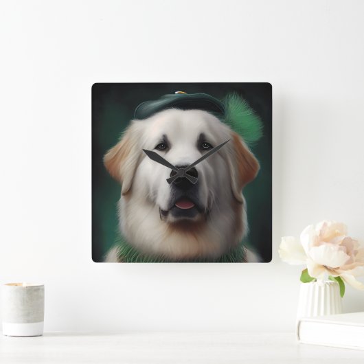 Grote Pyreneeën Dog in St. Patrick's Day Dress Vierkante Klok (Huis)