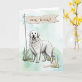 Grote Pyreneeën fokken hond onder verjaardagsbord Kaart (Gele Bloem)