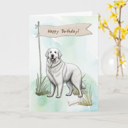 Grote Pyreneeën fokken hond onder verjaardagsbord Kaart (Gele Bloem)