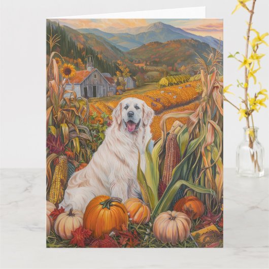 Grote Pyreneeën Hond Herfst Oogst Thanksgiving Kaart (Gele Bloem)