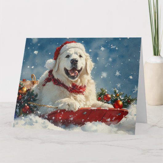 Grote Pyreneeën Hond in Sledge Laat het Sneeuw Ker Kaart (Voorkant)