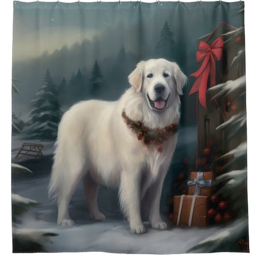 Grote Pyreneeën Hond in Sneeuw Kerstmis Douchegordijn (Voorkant)