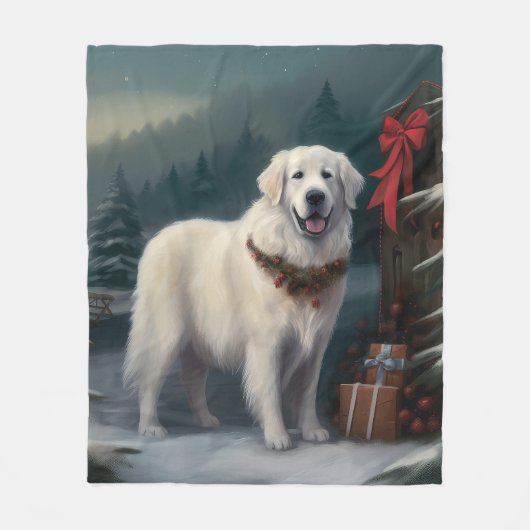 Grote Pyreneeën Hond in Sneeuw Kerstmis Fleece Deken (Voorkant)