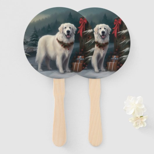 Grote Pyreneeën Hond in Sneeuw Kerstmis Handwaaier (Voorkant en achterkant)