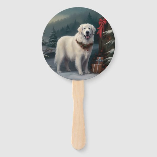 Grote Pyreneeën Hond in Sneeuw Kerstmis Handwaaier (Voorkant)