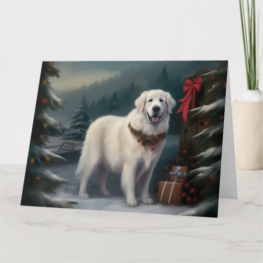 Grote Pyreneeën Hond in Sneeuw Kerstmis Kaart (Voorkant)