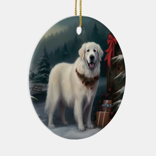 Grote Pyreneeën Hond in Sneeuw Kerstmis Keramisch Ornament (Rechts)