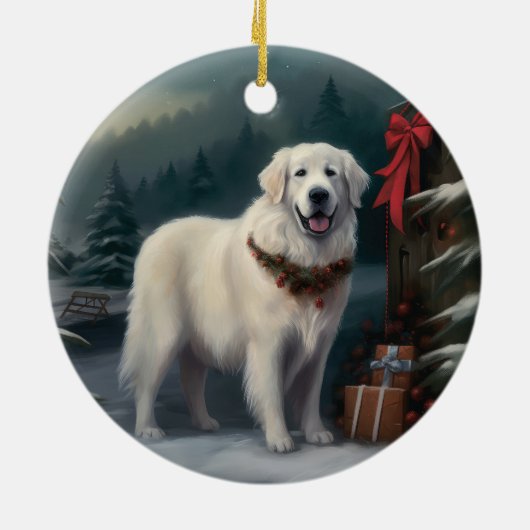 Grote Pyreneeën Hond in Sneeuw Kerstmis Keramisch Ornament (Achterkant)