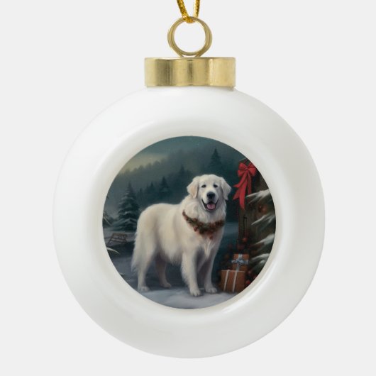 Grote Pyreneeën Hond in Sneeuw Kerstmis Keramische Bal Ornament (Voorkant)