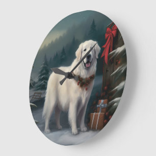 Grote Pyreneeën Hond in Sneeuw Kerstmis Klok