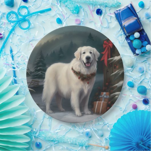Grote Pyreneeën Hond in Sneeuw Kerstmis Papieren Bordje (Feest)