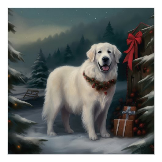 Grote Pyreneeën Hond in Sneeuw Kerstmis Perfect Poster (Voorkant)