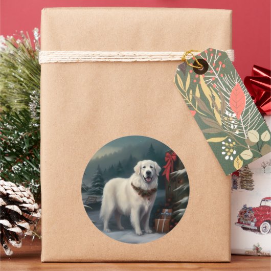 Grote Pyreneeën Hond in Sneeuw Kerstmis Ronde Sticker (Feestdagen)